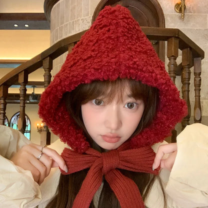 maoxiangshop  -  Lamb Wool Beanies for Women Winter Plush Warm Pullover Hats Thickened Windproof Ear Protection Cap Red Steeple Christmas Bonnets