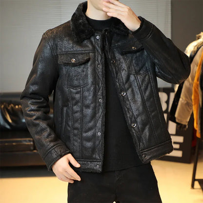 maoxiangshop Men Jackets Thicken Faux Fur Fleece Jacket male Loose Lambs Wool Lapel Pocket Outerwear Winter Chic Single Breasted Street Coat
