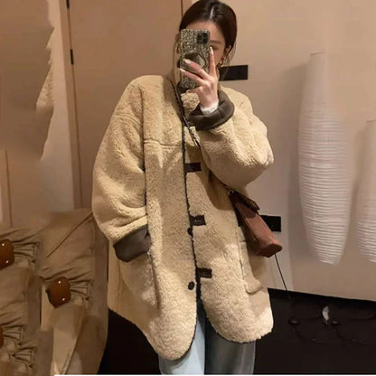 maoxiangshop  -  Autumn Winter Lamb Wool Jacket Women's Loose Coats Harajuku Warm Outerwear Long sleeve Cotton Padded Jacket