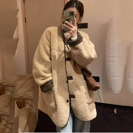 maoxiangshop  -  Autumn Winter Lamb Wool Jacket Women's Loose Coats Harajuku Warm Outerwear Long sleeve Cotton Padded Jacket