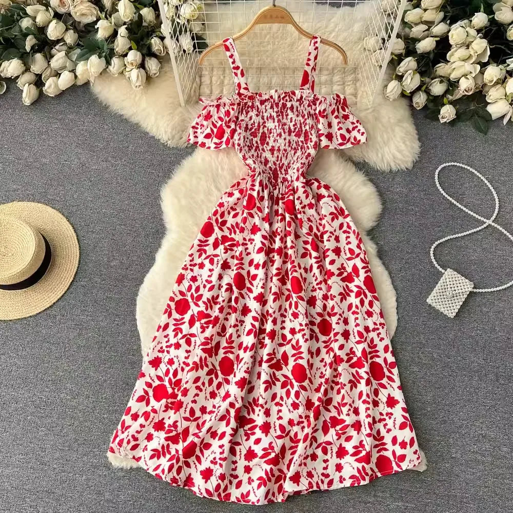 maoxiangshop Romantic Floral Print Long Summer Dress Women Fashion Off Shoulders Straps Vacation Beach Dress Korean Party Vestidos