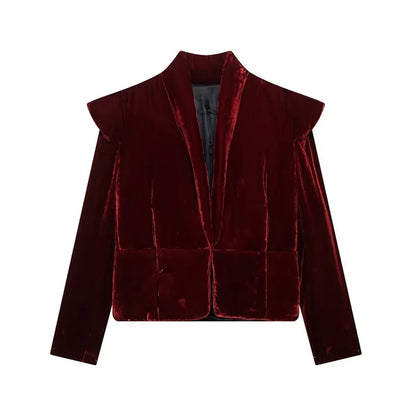 maoxiangshop  -  Velvet Shoulder Pad Coat Women Lapel Fashion Full Sleeve Cotton Chic Jacket 2024 Autumn Thicken Button Up Lady Overcoat Tops