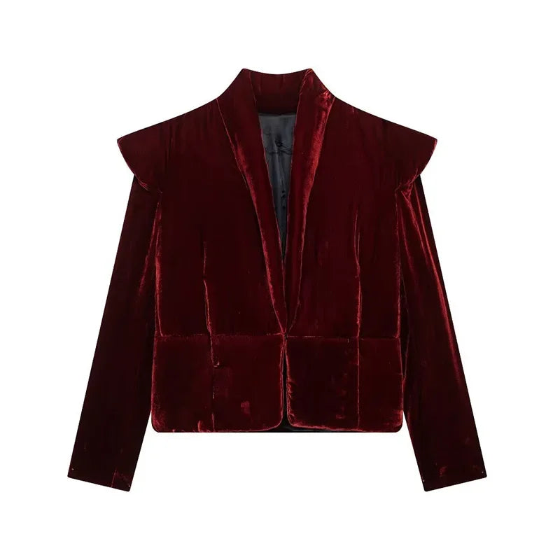 maoxiangshop  -  Velvet Shoulder Pad Coat Women Lapel Fashion Full Sleeve Cotton Chic Jacket 2024 Autumn Thicken Button Up Lady Overcoat Tops