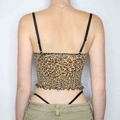 maoxiangshop Leopard Print Mesh Camis Streetwear Y2K Vintage Lace Bow see Through Sexy Summer Backless Crop Top Women Mini Vest 2024