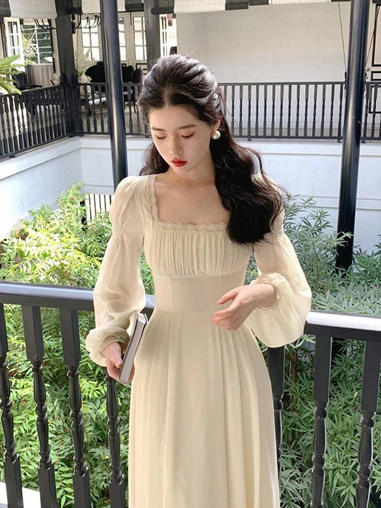 Spring French Elegant Solid Midi Dress Woman Long Sleeve Fairy Party Dresses Casual One Piece Dress Korean Female Fashion