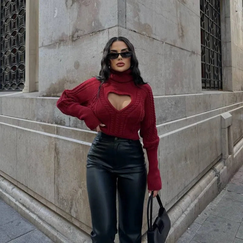 maoxiangshop  -  Women's Sweater Sexy Turtle Neck Love Hollow Pullover Sweater Autumn Winter Twist Knitted Short Street Casual Top Female