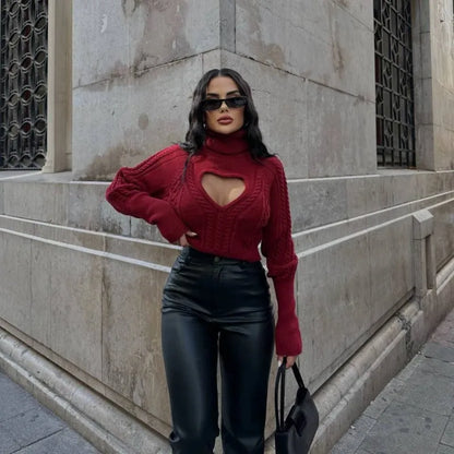 maoxiangshop  -  Women's Sweater Sexy Turtle Neck Love Hollow Pullover Sweater Autumn Winter Twist Knitted Short Street Casual Top Female