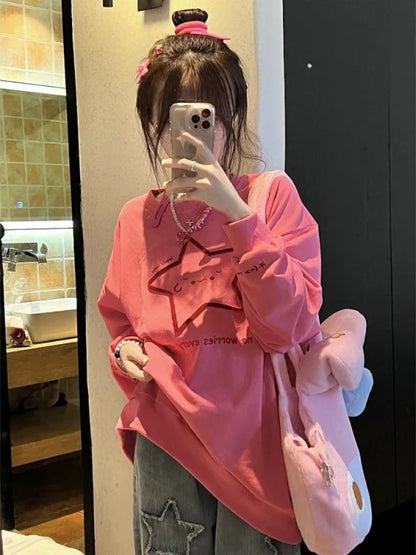 maoxiangshop Deeptown Harajuku Kawaii Star Graphic Sweatshirt Women Japanese Style Oversized Hoodies Vintage Loose Casual Y2K Tops Streetwear