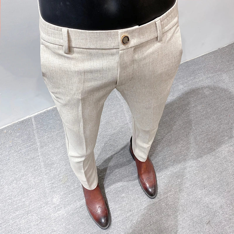maoxiangshop Men's High Quality Linen Suit Trousers Male Slim Fit Solid Color Business Casual Pants Formal Office Social Trouser Plus Size 38