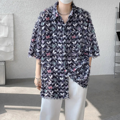 maoxiangshop Summer Butterfly Tassel Splice Shirt Men Loose Casual Short Sleeve Shirts Women Oversize Streetwear Boy Girl Blouses White