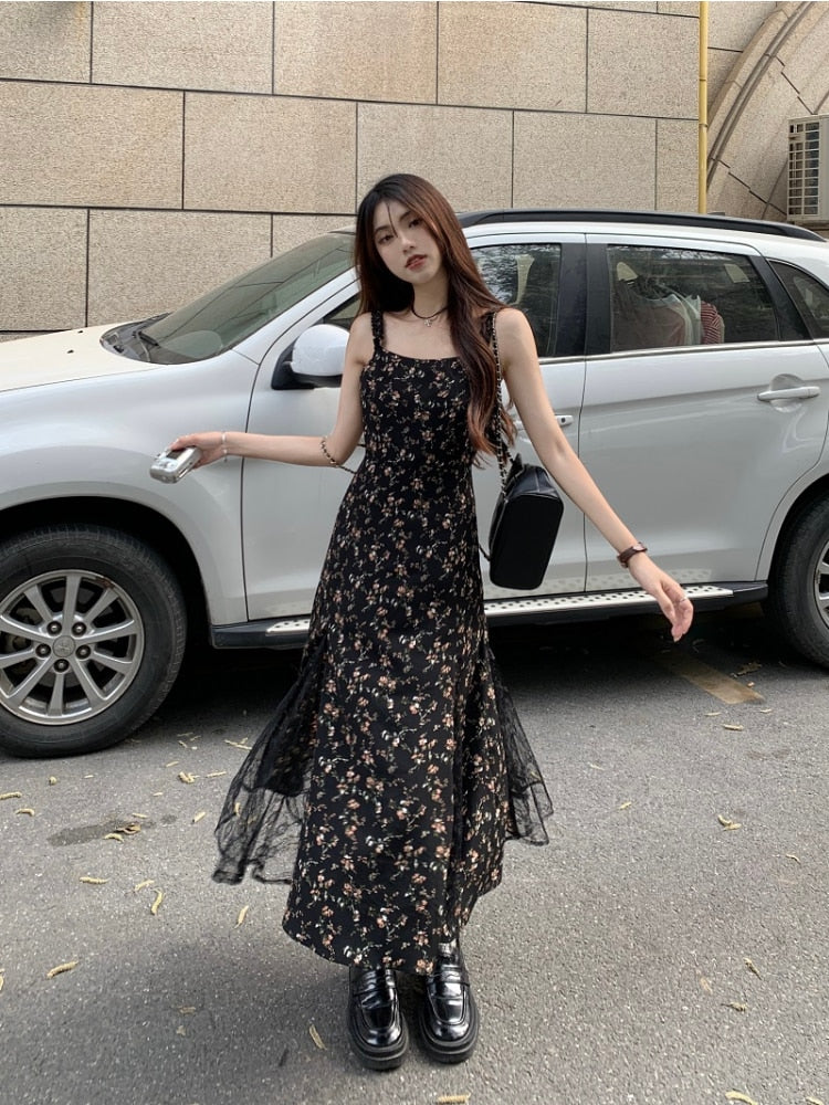 maoxiangshop Y2k Vintage Black Floral Dress Women Korean Style Mesh Irregular Split One Piece Slip Long Chiffon Fairy Dresses Summer