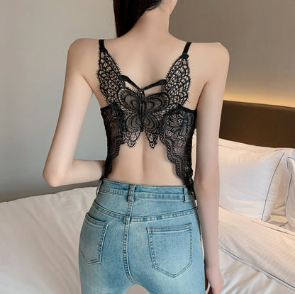 maoxiangshop Hollow Out Lace Butterfly Back Camisole With Bra Women Sexy Padded Black White Tank Crop Tops Female Camis Summer