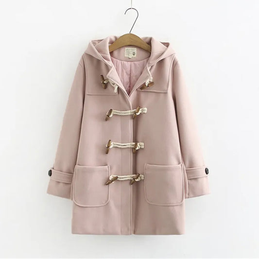 maoxiangshop Double Row Horn Buckle Coat Hooded Women Autumn Clothing Winter Casual Solid Thicken Button Jacket College Style