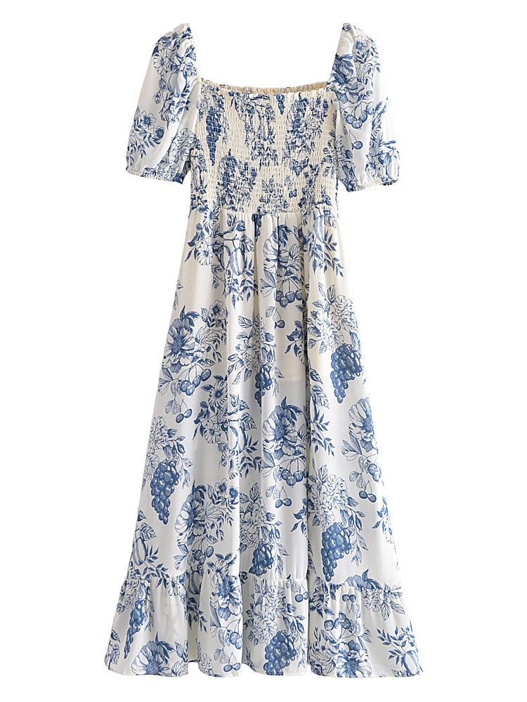 maoxiangshop New Summer Women Vintage Fruit Floral Print Square Neck Puff Sleeves Elastic Sexy Side Slit Long  Midi Dress