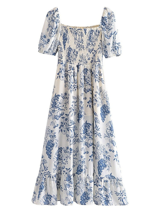 maoxiangshop New Summer Women Vintage Fruit Floral Print Square Neck Puff Sleeves Elastic Sexy Side Slit Long  Midi Dress