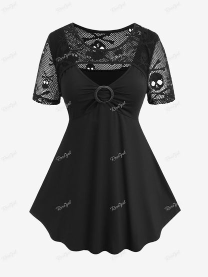 maoxiangshop Plus Size Gothic Skull Mesh Panel Cutout T-shirt Black Round Neck Short Sleeve Blouse Tops For Women Halloween