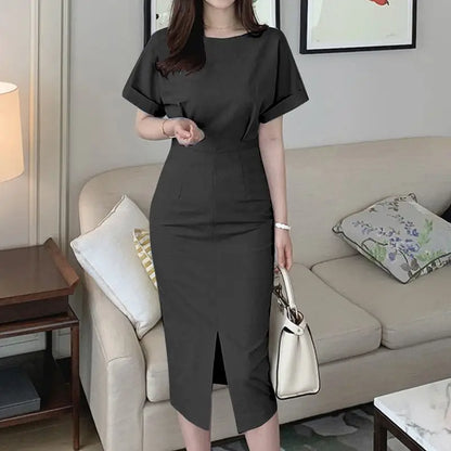 maoxiangshop Summer Dress 2024 Women Short Sleeve Casual Solid Color Elegant Midi Sundress O Neck Loose Zipper Split Party Vestidos