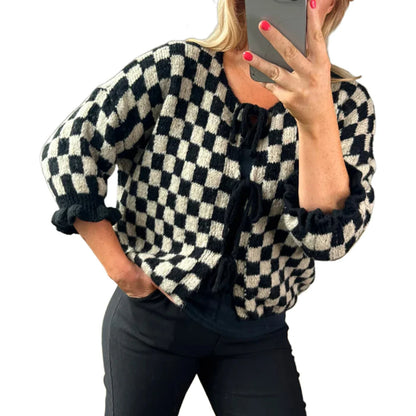 maoxiangshop  -  Women's Tie Front Knitted Cardigan New Style 2024 New Checkered Half Sleeve Sweater Casual Autumn Winter Cardigan Knitwear