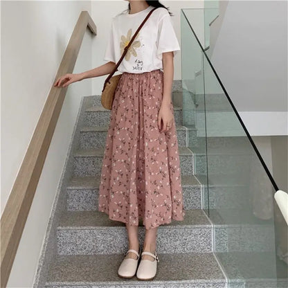 maoxiangshop Vintage Floral Print A-line Pleated Long Skirts Summer Women Korean Skirt Streetwear Drawstring Elastic Waist Midi Skirt