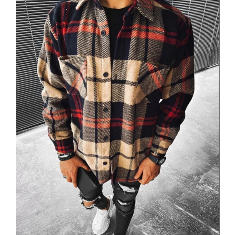 maoxiangshop Men Plaid Shirt Spring Fashion Large Size Pockets Long Sleeve Top Turn-down Collar Single-breasted Shirts