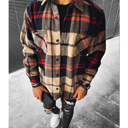 maoxiangshop Men Plaid Shirt Spring Fashion Large Size Pockets Long Sleeve Top Turn-down Collar Single-breasted Shirts