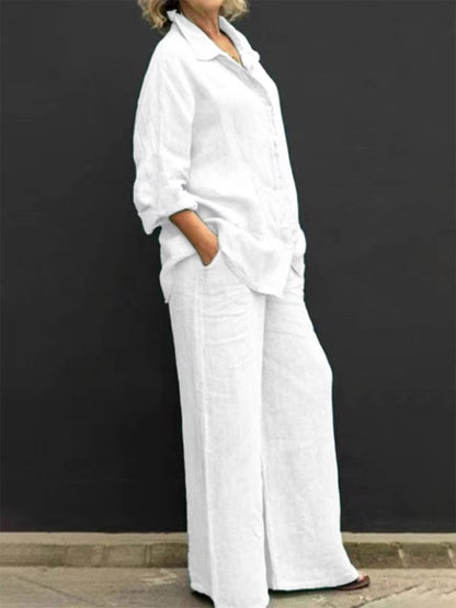 maoxiangshopWomen Cotton Linen Suits  Elegant Solid Long Sleeve Shirt Wide Leg Trousers Two Piece Set Female Casual Straight Pants Suits