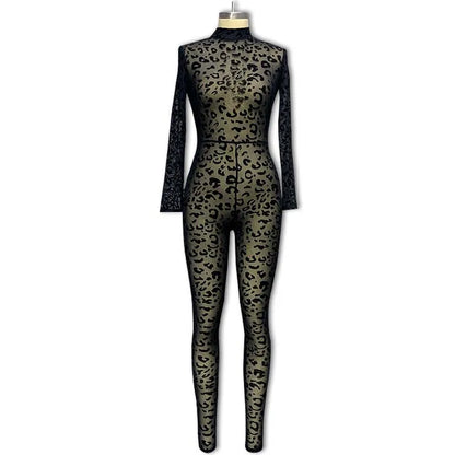 maoxiangshop Jumpsuit Women Spring Fashion Leopard Print Mock Neck Casual Long Sleeve Skinny Daily Semi-Sheer Jumpsuit Y2K Streetwear