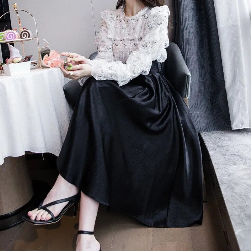 maoxiangshop Big Swing High Waitsed Black Skirts Women Fashion Pleated Satin Midi Skirt Woman Pearls Button Long Party Skirts Ladies