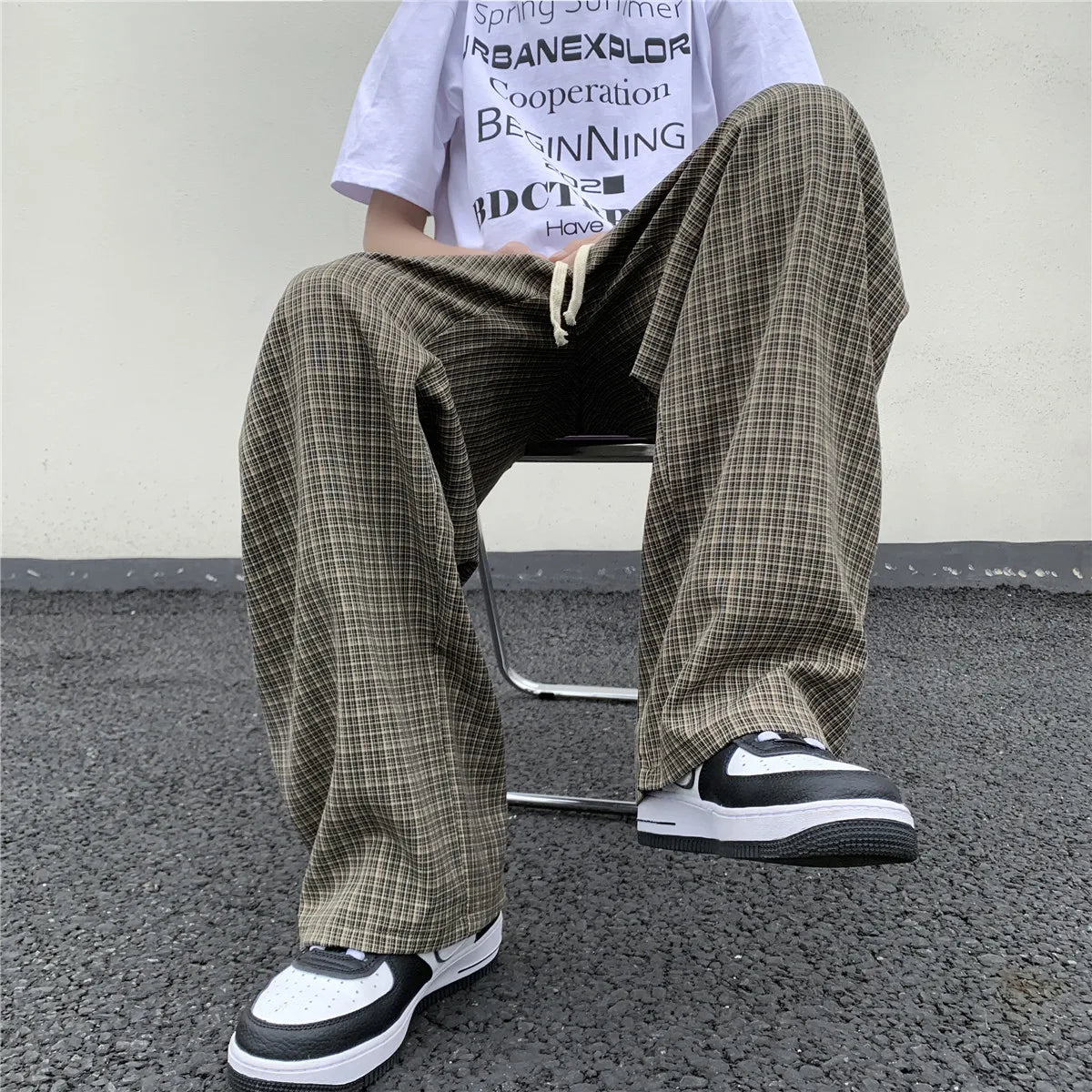 maoxiangshop Summer/Autumn Plaid Pants Men Loose Casual Straight Trousers for Male/Female Harajuku Hip-hop Streetwear Wide-leg Mopping Pants