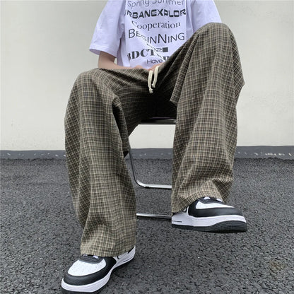 maoxiangshop Summer/Autumn Plaid Pants Men Loose Casual Straight Trousers for Male/Female Harajuku Hip-hop Streetwear Wide-leg Mopping Pants