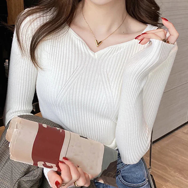 maoxiangshop Women V-Neck Slim Bottoming Sweater Long Sleeve Knit Warm Casual Pullovers Office Sweater For Women Autumn Winter