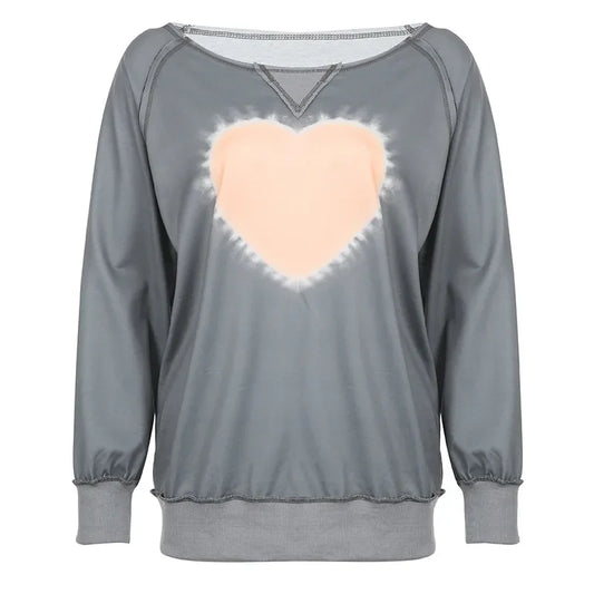 Love Tie Dye Gray Sweatshirts Streetwear Y2k Hoodie Irregular Long Sleeve Tops 90s Aesthetic Vintage Clothes P84-CF38