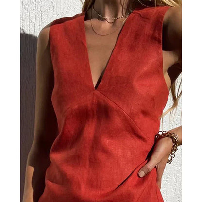 Cotton Linen Womens Dresses  Sexy V-Neck Sleeveless Basic Tank Dress Chic Elegant Ladies Dresses Summer Sale Vestidos Para Mujer