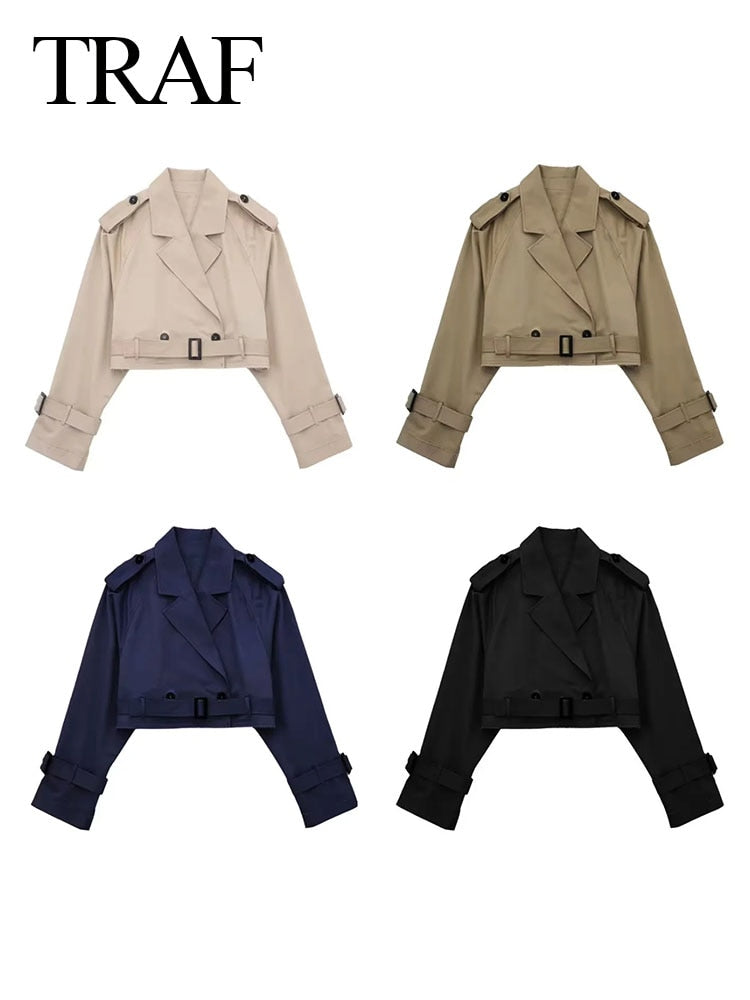 TRAF 2023 Fashion Women Khaki Cropped Coat Vintage Solid Long Sleeve Button Jacket Chic Tops Female Casual Streetwear Coats