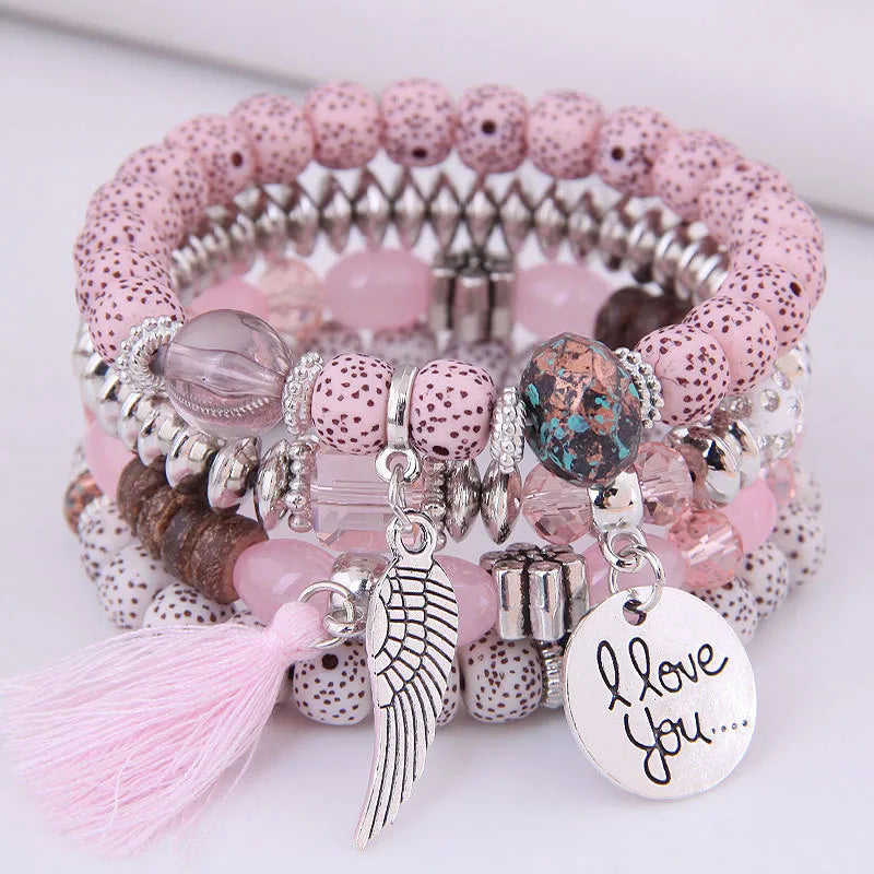 maoxiangshop Valentines Day Bohemian Multicolor Pink Crystal Beads Bracelets Women Girls Elastic Tassel Wing Letters Rope Bracelet Pulseira Feminina