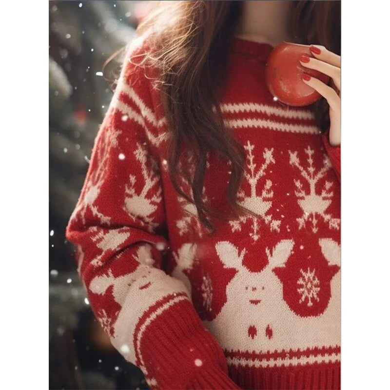maoxiangshop  -  Women Autumn Winter Fashion Loose Red O-neck Long Sleeve Christmas Knitwear Women Clothes Trend All-match Sweet Knitting Tops