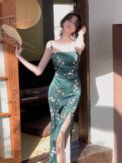 maoxiangshop Women Slash Neck Sexy Strapless Retro Green Printing Elegant Temperament Fitting Suspender Slit Bodycon Long Midi Dress Summer