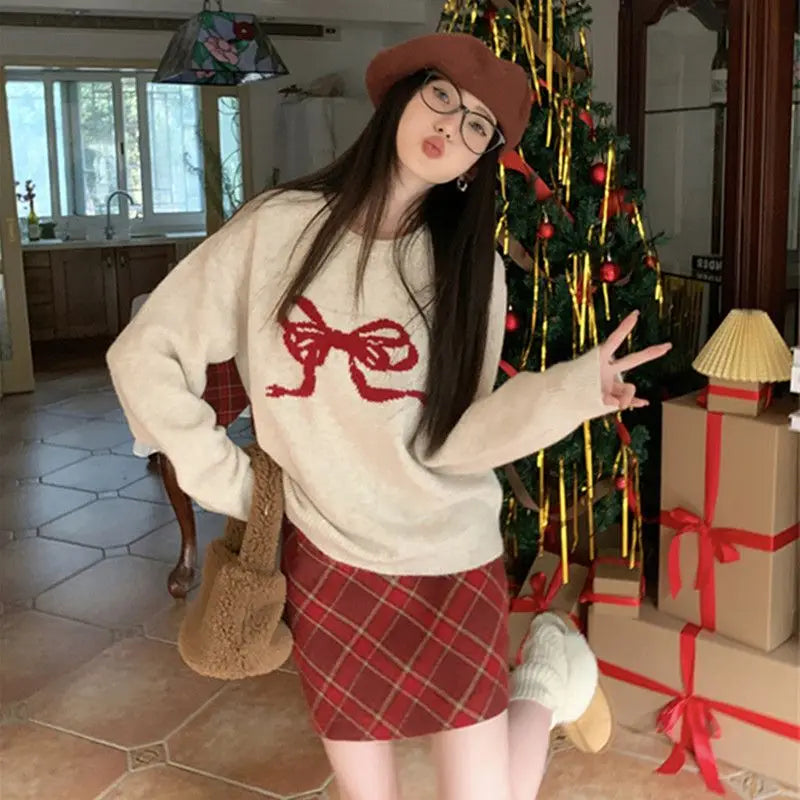 maoxiangshop  -  Women Autumn Winter Vintage Fashion Loose Bow O-neck Long Sleeve Knitwear Women Clothes Office Lady All-match Temperament Tops