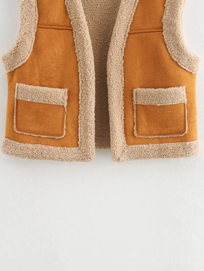 maoxiangshop  -  Women Fur Vest 2024 Winter Sleeveless with Pockets Female Vests Coats Lady Solid Cardigan Waistcoat Jackets New
