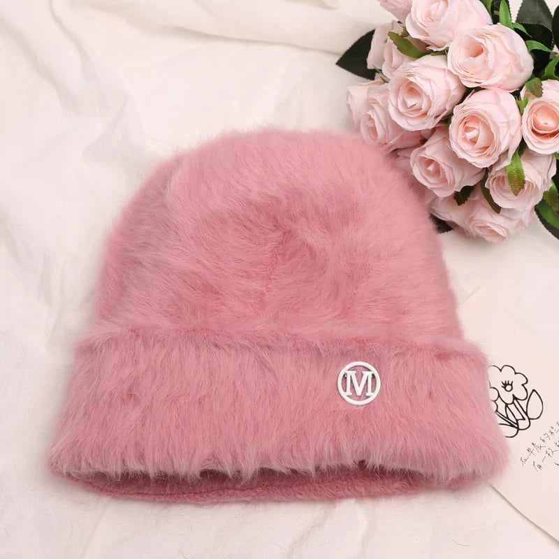 maoxiangshop New Fashion Rabbit Fur Y2k Beanies for Women Soft Warm Fluffy Angola Winter Hat Female Windproof Bonnet Hat Skullies Cap