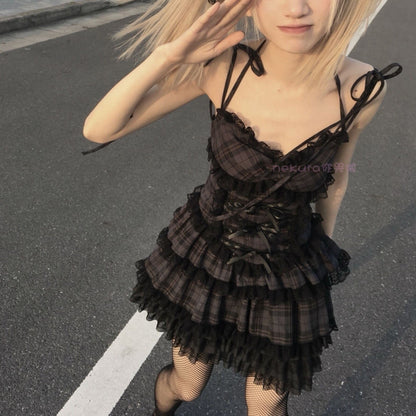 maoxiangshop Summer Autumn Preppy Style Gothic Girls Sexy Sling Dress Balck Pleated Mini Short Plaid Women Sleeveless Large Pendulum Dresses