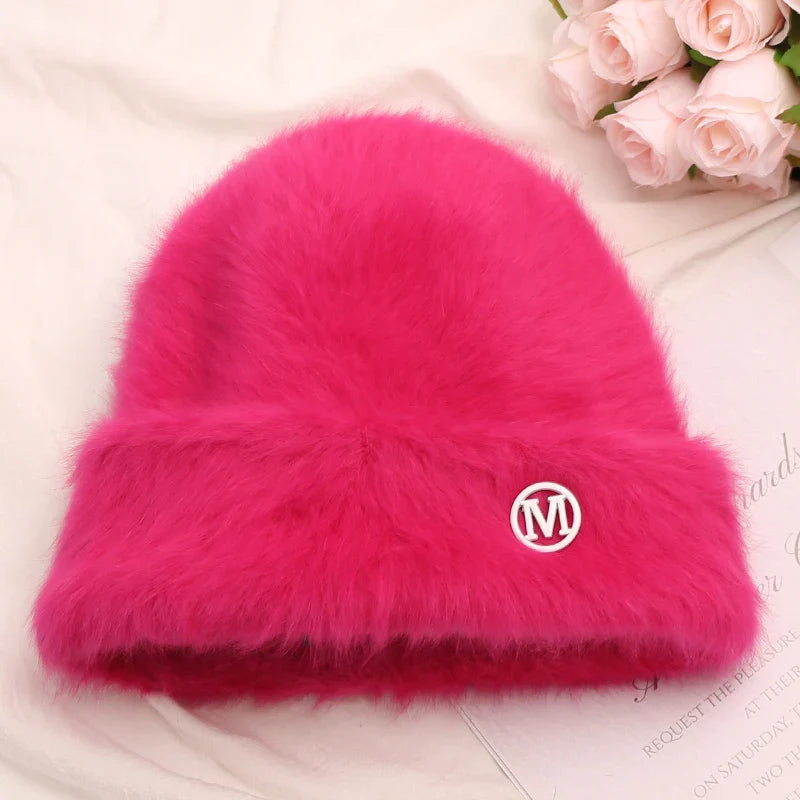 maoxiangshop New Fashion Rabbit Fur Y2k Beanies for Women Soft Warm Fluffy Angola Winter Hat Female Windproof Bonnet Hat Skullies Cap