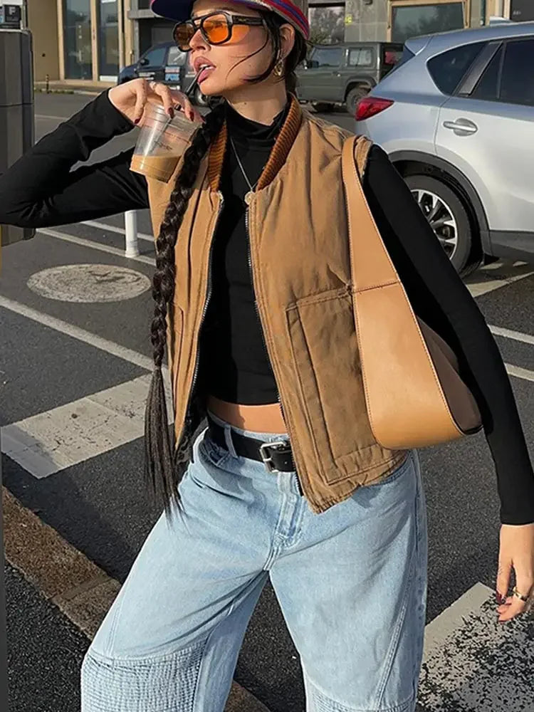 maoxiangshop -  Stand Neck Sleeveless Zipper Vest Jackets Women Thicken Warm Cotton Cardigan Waistcoat Autumn Female Fashion Pocket Outwear