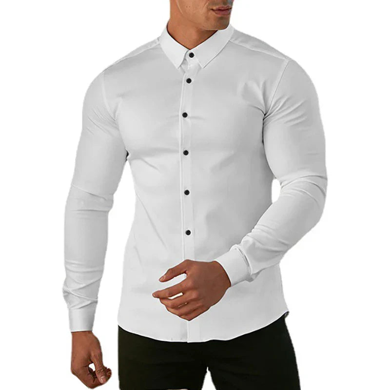 maoxiangshop New Fashion Casual long Sleeve Solid Shirt Mens Super Slim Fit Male Social Business Dress Shirt Men Gym Fitness Sports Clothing