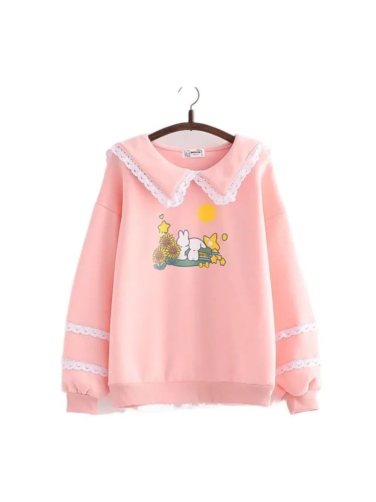 Sweet Style Kawaii Cute Women Sweatshirts Cartoon Rabbit Print Lace Patchwork Pullovers Winter Ladies Cotton Sudadera Tops