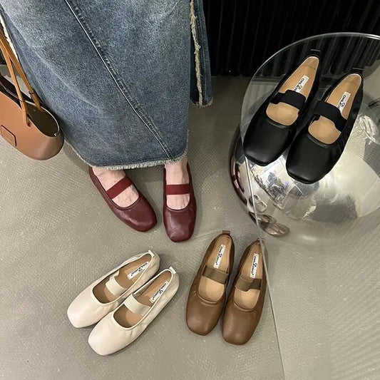 maoxiangshop  -  Korean Style Mary Jane Shoes Square Toe Women's Shoes PU Ballet Flats Spring/Autumn Flats Women Shoes