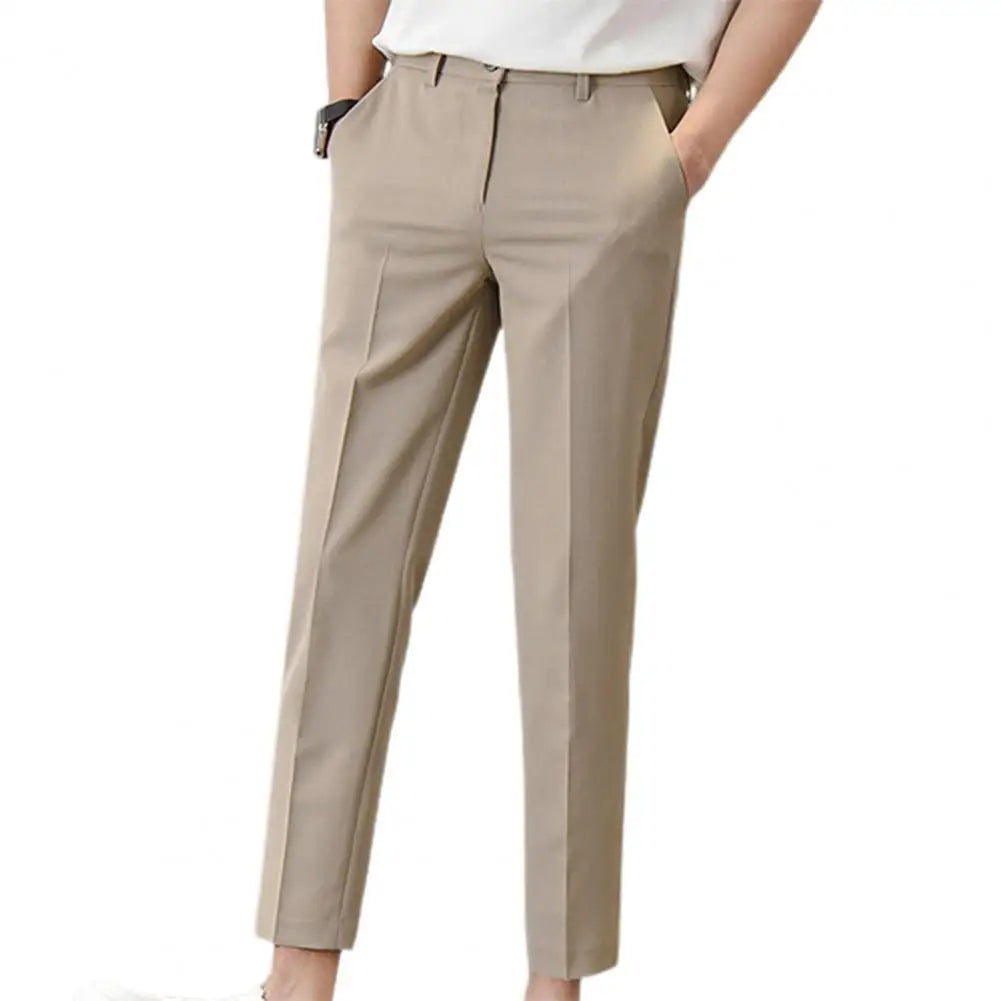 maoxiangshop Popular Men Trousers Breathable Men Suit Pants Soft Fabric Gentle Mid Waist Ankle Length Business Pants