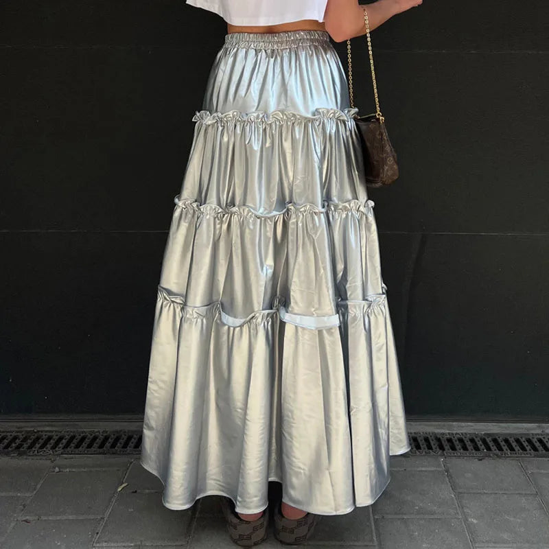maoxiangshop -  Autumn New Women's Niche Design Silver Metallic High Waist Mid-Length Cake Skirt Vestidos