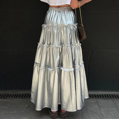 maoxiangshop -  Autumn New Women's Niche Design Silver Metallic High Waist Mid-Length Cake Skirt Vestidos