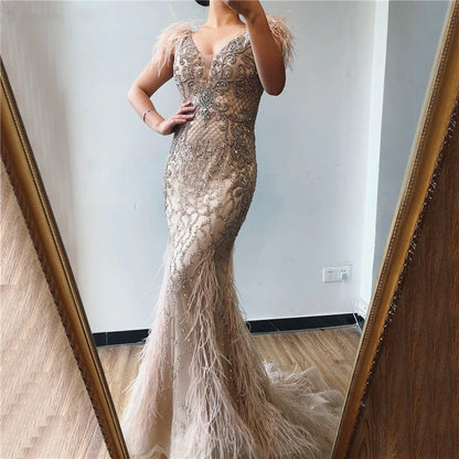 maoxiangshop Luxury Dubai Arabic Women Sequined Midi Evening Dress Prom Gowns Feathers Elegant Beading Wedding Formal Party Vestidos